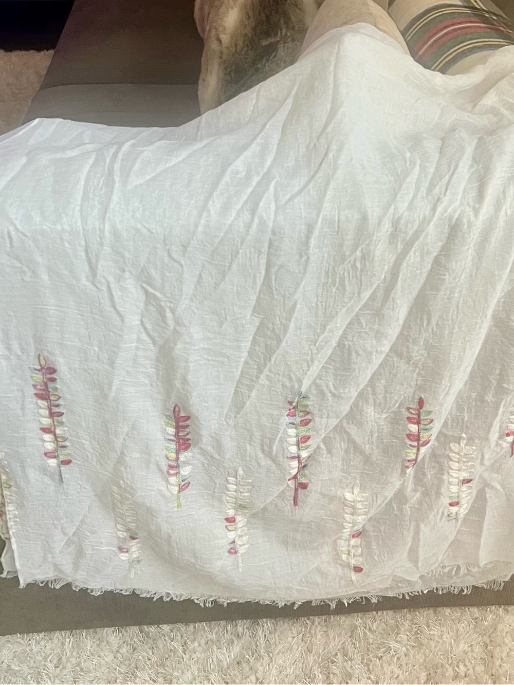 Do everything in love White Scarf with Pink & Green Leaf Embroidery